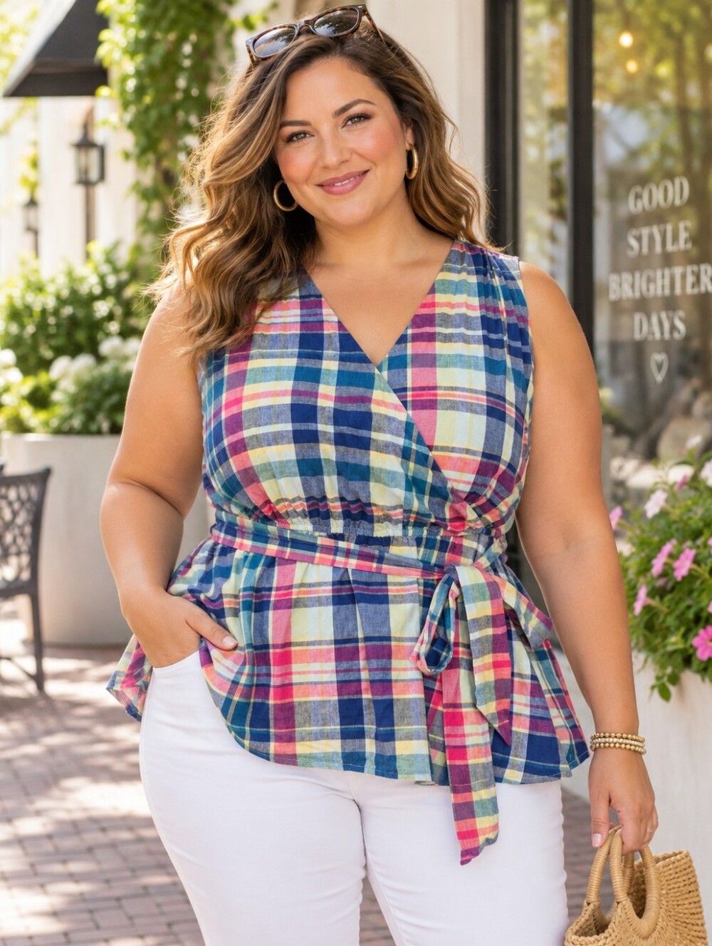 Lane Bryant Size 14 Sara Plaid Linen Blend Surplice Peplum Top - Picture 3 of 7